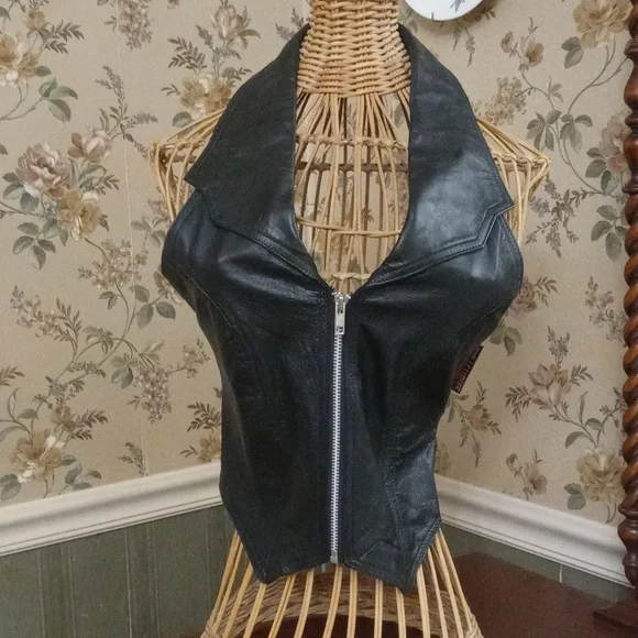 HOT LEATHERS XXS Genuine Black Leather Halter Top Motorcycle Vest - Picture 3 of 13